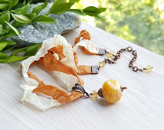 Caramel brown shabby ribbon lampwork necklace, Single bead romantic necklace, Handmade glass pendant, Summer boho jewelry