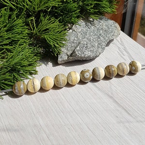 May include: A strand of round, cream-colored beads with brown and white stripes. The beads are strung on a silver wire.
