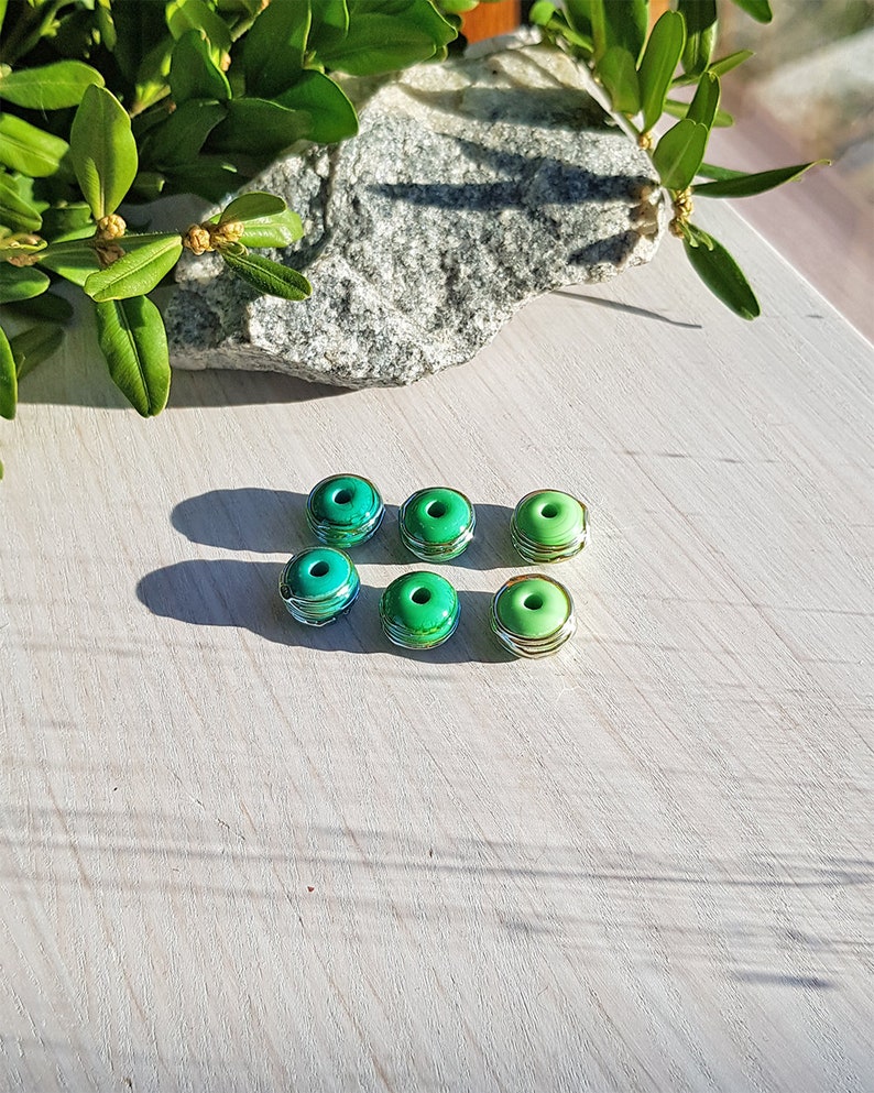 6pcs green lampwork spacer beads silver decor, mix lampwork bead set, glass handmade rondelle donut, jewelry supplies image 3