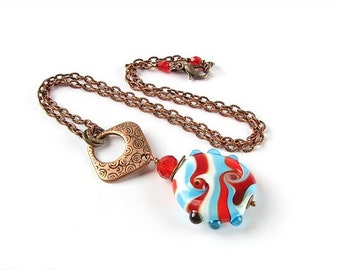Lampwork Glass Bead Necklace: Red White Blue Striped Pendant