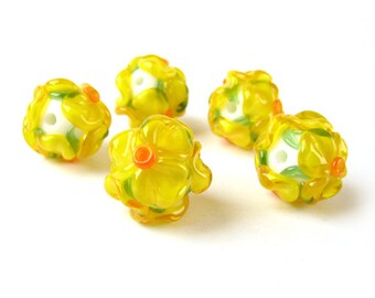 Made to Order 5pcs Yellow flower lampwork beads, Handmade glass bead set, Venetian glass, Floral artisan beads jewelry making craft supplies