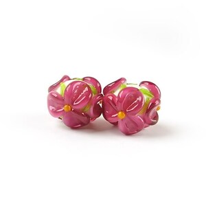 Made to Order Ruby pink flower lampwork beads, Earring pair glass beads, Handmade bright floral beads, Murano glass
