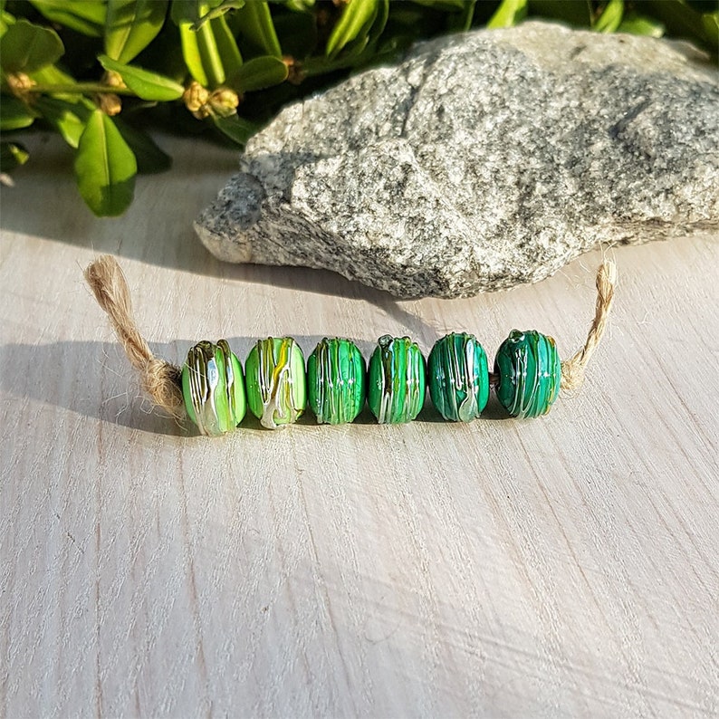 6pcs green lampwork spacer beads silver decor, mix lampwork bead set, glass handmade rondelle donut, jewelry supplies image 1