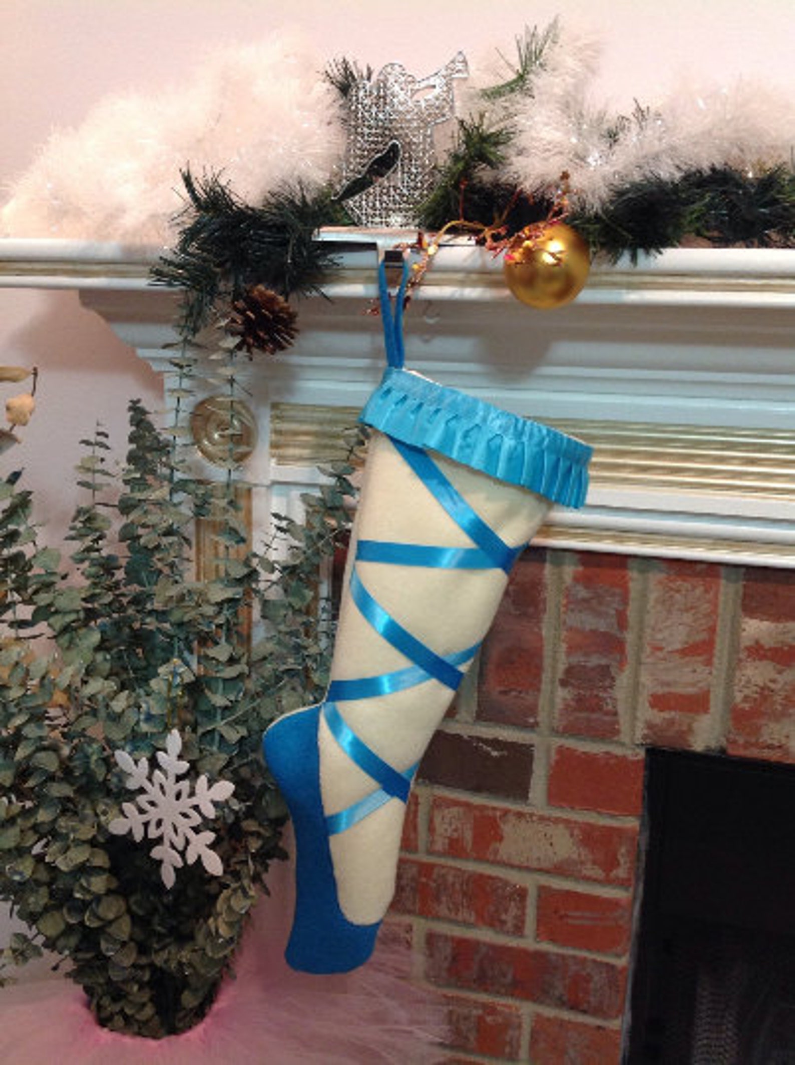 christmas stocking, ballet christmas stockings, dance, ballet pointe shoes, pink or blue, personalized christmas stockings