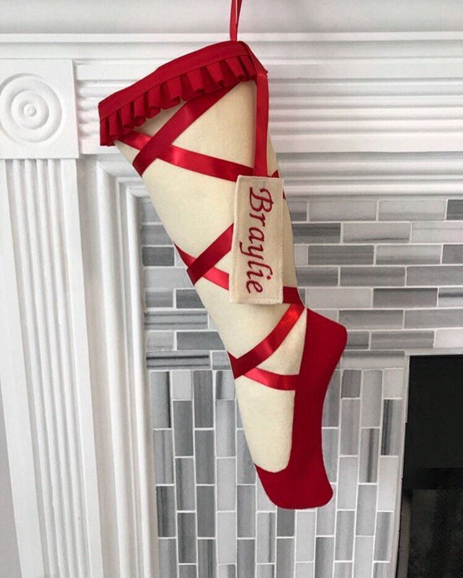 christmas stocking, ballet christmas stockings, dance, ballet pointe shoes, pink or blue, personalized christmas stockings