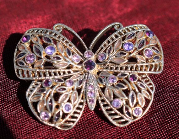 Filigree Butterfly Amethyst and Clear Rhinestones… - image 1