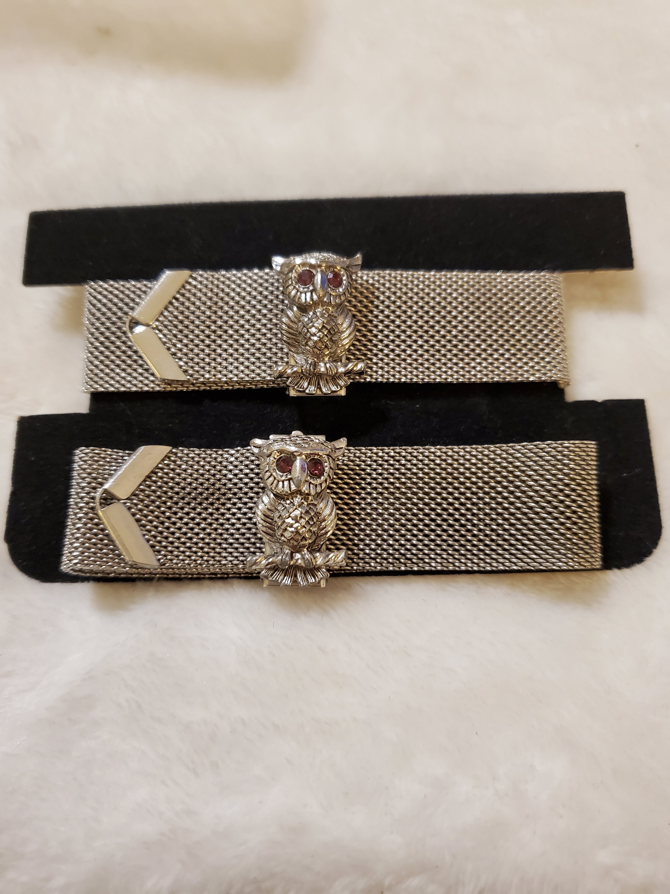Sarah Coventry Owl Mesh Bracelet, "Nocturne" Lavender Rhinestone Eyes, 1970s Vintage Jewel
