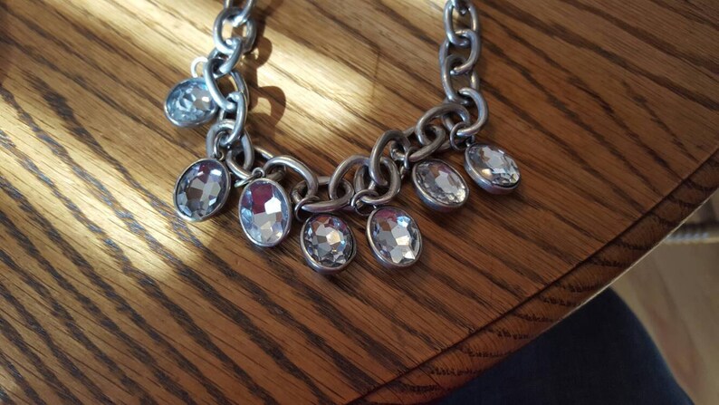 Large Headlight silver tone chain necklace with crystal dangling pieces image 2