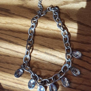 Large Headlight silver tone chain necklace with crystal dangling pieces image 3