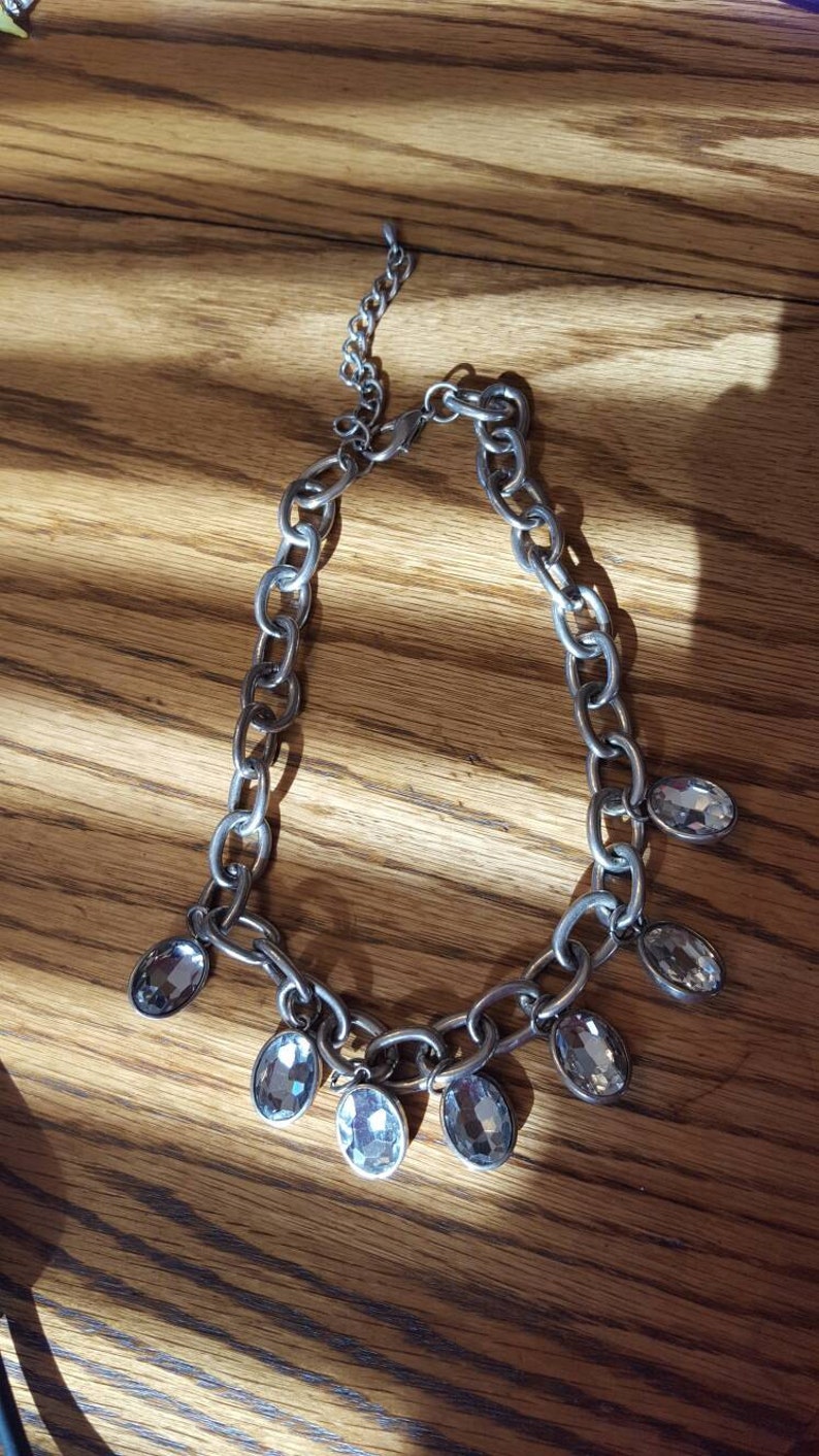 Large Headlight silver tone chain necklace with crystal dangling pieces image 3
