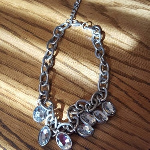Large Headlight silver tone chain necklace with crystal dangling pieces image 1