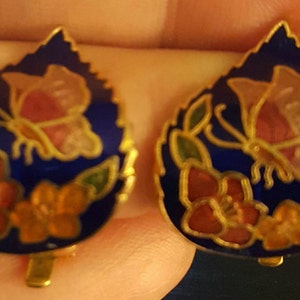 Vintage Cloisonne curved clip on earrings blue enamel