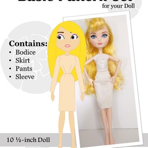 Może przedstawiać: Zestaw podstawowych wzorów dla lalki o wysokości 26,7 cm, zawierający gorset, spódnicę, spodnie i rękaw. Obraz przedstawia lalkę w kompletnym stroju.