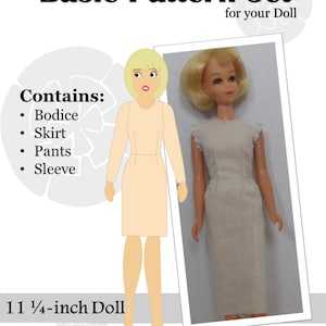 May include: A basic pattern set for a 11 1/4-inch doll, containing patterns for a bodice, skirt, pants, and sleeve. The image shows a doll wearing a dress made from the pattern set.