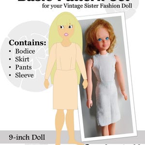 May include: A Basic Pattern Set for a 9-inch doll, featuring text and illustrations of a doll wearing a white sleeveless top and skirt. The set includes a bodice, skirt, pants, and sleeve pattern. The ModMarigold logo is visible at the bottom.