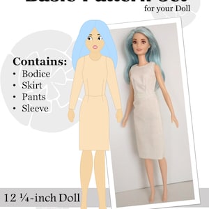 May include: A digital illustration of a basic doll pattern set for a 12 1/4-inch doll. The set includes patterns for a bodice, skirt, pants, and sleeve. The illustration shows a doll wearing a white dress and a doll wearing a beige dress.