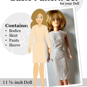 May include: A basic pattern set for 11 1/2-inch dolls, containing patterns for a bodice, skirt, pants, and sleeve. The image shows a line drawing of a doll wearing a dress and a photo of a doll wearing a white dress.