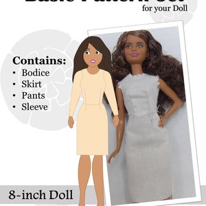 May include: A digital illustration of a doll wearing a beige dress and a doll wearing a white dress. The text "Basic Pattern Set for your Doll" is at the top of the image. The text "Contains: Bodice, Skirt, Pants, Sleeve" is on the left side of the image. The text "8-inch Doll" is at the bottom of the image. The text "ModMarigold Doll Clothing (c) 2022" is at the bottom right of the image.