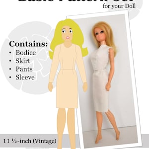 Può includere: Un set di modelli di base per abiti di bambole da 30 cm. I modelli includono un corpetto, una gonna, pantaloni e una manica. L'immagine mostra un disegno a linea di una bambola che indossa un vestito e una bambola che indossa un vestito con una gonna.
