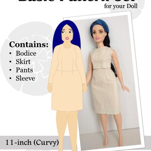Può includere: Immagine di un set di modelli base per bambole, con una bambola e un'illustrazione di cartoni animati vestite di beige. Il testo dice "Basic Pattern Set for your Doll" ed elenca i pezzi del modello. La bambola misura circa 28 cm.