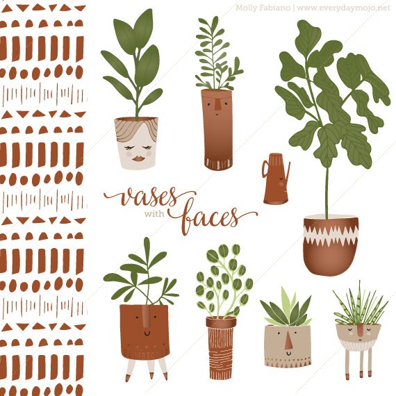 Clip Art Vases With Faces Face Planters Plant Clip Art Etsy