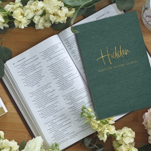 Puede incluir: Un diario verde con letras doradas que dicen "Hidden Scripture Memory Journal" sobre una mesa de madera con una Biblia y flores.