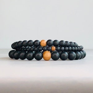 Matte Black Onyx & Sandalwood Beaded Bracelet - Minimalist Unisex Style