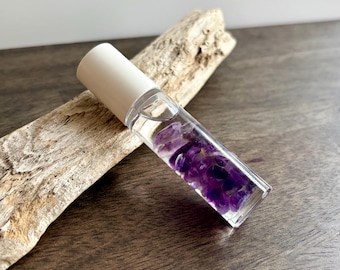 Lavender Essential Oil Roller Infused with Amethyst Crystal Chips, Aromatherapy Gift for Her