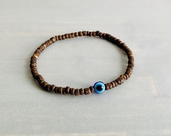 Evil Eye Bracelet, Coconut Wood Bracelets, Men Beaded Bracelets, Wood Bead Bracelets, Beachy Bracelets, Surfer Style Bracelet, Protection