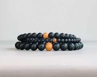 Black Onyx and Sandalwood Beaded Bracelet, Wood and Stone Bead Bracelet, Men's Beaded Bracelet, Black Bead Bracelet, Bracelet for Men, Gifts