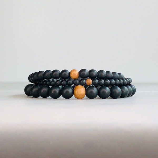 Black Onyx and Sandalwood Beaded Bracelet, Wood and Stone Bead Bracelet, Men's Beaded Bracelet, Black Bead Bracelet, Bracelet for Men, Gifts