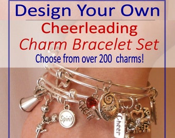 Design Your Own CUSTOM Cheerleading BRACELET SET, Personalized Cheerleader Gift, Cheerleading Jewelry, Cheerleader Bangle Charm Bracelet