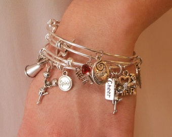 Cheerleading Jewelry, Cheerleader Gift, Cheer Bracelet, Cheerleading Charm Bangle Bracelet Set of 4 - Silver