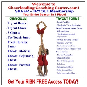 Puede incluir: Un folleto para un sitio web de entrenamiento de porristas, Cheerleading Coaching Center.com, que anuncia una membresía SILVER - TRYOUT Membership. El folleto presenta una foto de un equipo de porristas realizando una acrobacia y enumera el plan de estudios y los formularios de prueba incluidos en la membresía. El texto del folleto dice: "¡Bienvenido a Cheerleading Coaching Center.com! SILVER - TRYOUT Membership ¡Toda tu temporada en un solo lugar! CURRICULUM! . Tryout Dance . Tryout Cheer . 3 Chants . Toe Touch Jump . Front Hurdler Jump Ebook: Motions . Ebook: Beginning Chants Ebook: Football Chants TRYOUT FORMS Tryout Checklist . Cheerleader Tryout Application Parent Packet and Admin Forms: Welcome Letter Cheerleading Rules and Expectations Practice and Game Schedule Financial Overview Teacher Reference Form Liability Waiver / Release Form Tryout Forms: Tips for Cheerleaders Check in Rosters Tryout Clinic Agendas Tally Form Judging Score Sheets Judge Contact Sheet Judge Information Sheet ¡Obtenga su acceso RISK FREE HOY!"