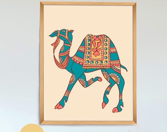 May include: A digital art print featuring a blue camel with colorful geometric patterns. The camel is walking and has a decorative saddle. The background is a light beige color.