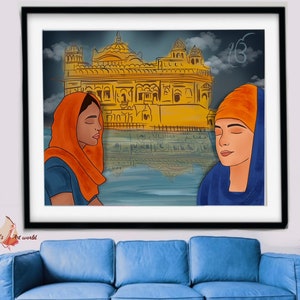 Obra de arte del Templo Dorado I Templo Dorado abstracto I Pintura Sri Harmandar Sahib I Sijismo Gurdwara I Darbar sahib I Boceto del Templo Dorado