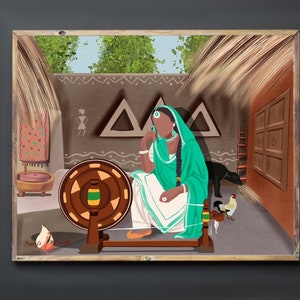 Punjabi Women In Suit Spinning the Charkha Art Print, Indian Ethnic Home Décor, Village Life , Traditional Indian Printable Wall Art