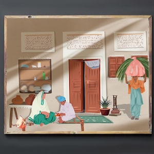 Swera Or Mornings  , Punjabi Village Art , Village Life , Indian Ethnic Home Decor , Sikh Gift Ideas , Traditional Punjabi wall decor
