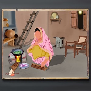 Punjabi Women Cooking Food On Chulha I Indian Ethnic Home Décor I Village Life I Traditional Printable Wall Art I Sikh Family Art Poster
