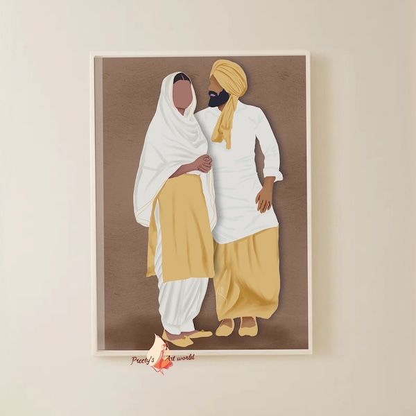Punjabi Sikh Couple In Traditional Attire Art Poster Print I Suit Kurta I Indian Romantic Art I Lovers Art Print I Illustration