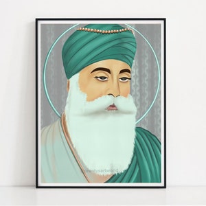 Original Handdrawn Guru Nanak Dev Ji Sikh In Pastel Green Art Print I Sikh Religious Painting Poster I  Art Of Punjab I Warm Tones Artwork