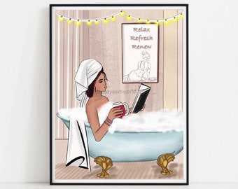 Indian Woman In Bathtub Reading Book Art I Bath Print I Fashion Print I Boho Print I Relax Refresh Renew I Self Love Illustrations