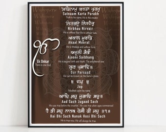 Sikh Mool Mantar escrito a mano en punjabi e inglés con significado I Japji Sahib Gurbani I Sikh Prayer Punjabi I Punjabi Decoración religiosa del hogar