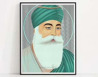 Original Handdrawn Guru Nanak Dev Ji Sikh In Pastel Green Art Print I Sikh Religious Painting Poster I  Art Of Punjab I Warm Tones Artwork