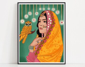 Indian Royal Lady Art Print,Printable Indian Wall Art,Indian Woman Painting,Downloadable Decor,Portrait Art Wall Pictures For Living Room