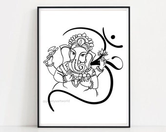 Om Ganesha Minimalist Line Drawing Indian Hindu God Home Wall Decor I Simple Ganesha Puja Room Decor I Indian Religious Gifts