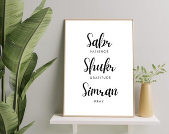 Sabr Patience Shukr Gratitute Simran Pray Art Poster I Calligraphy Quotes Wall Art With Meaning I Sikh Art Prints I Modern Black Minimalist