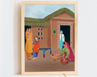 Punjabi Village Culture Painting Poster Print I  Punjabi Decor ideas I Sikh Artwork I Sikh Home Decor I Punjabi Family Art