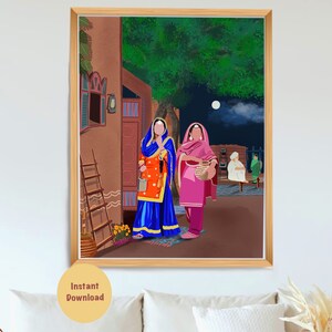 Punjabi Village Family Art Print I Indyjski etniczny wystrój domu I Tradycyjny indyjski wydruk ścienny I Sikh Family Printable Art Printable zdjęcie 1