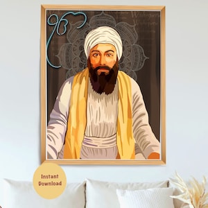 May include: A framed digital illustration of a man with a beard and turban wearing a yellow and white robe. The background is brown with a mandala design and the text "ੴ" in blue.